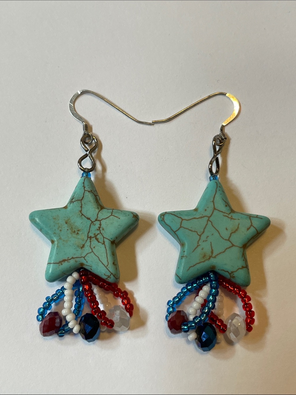 Turquoise Star Bead Dangle Earrings with Red, White & Blue Accents